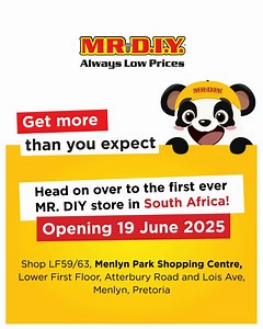 🛠️ Who is MR.DIY? We’re one of the largest home improvement retailers internationally — and now we’re bringing our unbeatable value and variety to South Africa! With over 15,000 everyday essentials across 10 categories — from homeware to car accessories, stationery, toys, gifts, and more — MR.DIY makes home improvement affordable, easy, and fun. ✅ Great quality ✅ Low prices ✅ A little something for everyone 💛 Our motto? Always Low Prices — so you can shop smart every day. Get ready, South Afri