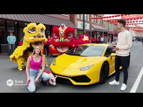 Happy Year of the Horse 2026 Lion Dance Man Girl and Pig Car