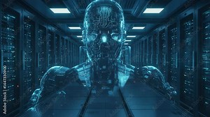 Translucent AI Figure in Futuristic Server Room A Glimpse into Advanced Computing and Artificial Intelligence