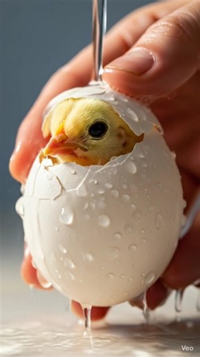 Cute small chick hatching in egg and feeding