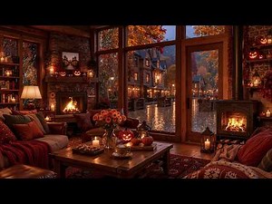 Peaceful Halloween Café 🍂 Gentle Jazz Piano, Cozy Autumn Rain & Fireplace Glow for Study & Relax