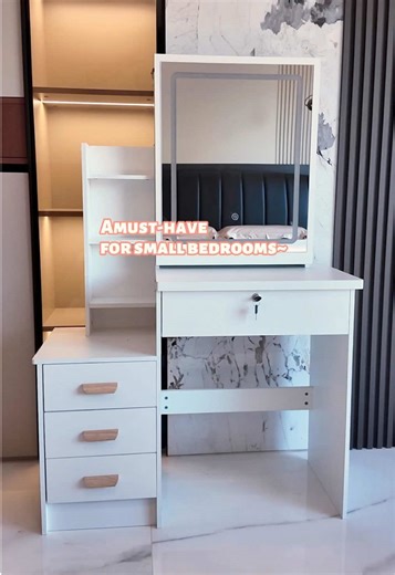 Our standalone vanity boasts a sleek, elegant design and is paired with a matching stool, creating a unified and stylish beauty space for small bedrooms.#vanity #makeupvanity #tiktokmademebuyit #makeupstorage #fyppp