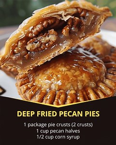 Deep-Fried Pecan Pies Recipe 🍂🥧 Ingredients: 1 package of pie crusts (2 crusts) 1 cup pecan halves ½ cup corn syrup (light or dark) ½ cup brown sugar 2 tbsp melted butter Vegetable oil (for frying) Instructions: 1️⃣ Prepare the Filling In a bowl, mix pecan halves, corn syrup, brown sugar, and melted butter until well combined. 2️⃣ Roll and Cut the Dough Roll out the pie crusts and cut them into circles using a round cutter or a glass. 3️⃣ Fill and Seal Place about a tablespoon of the pecan fil