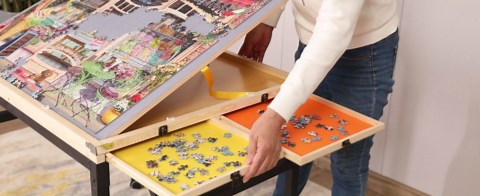 Puzzle Table with Drawers and Folding Metal Legs No Assembly Required 1500 Pieces Jigsaw Puzzle Table with Cover 3-Tilting-Angle Portable Wooden Jigsaw Puzzle Board Easy to Move Gift for Mom