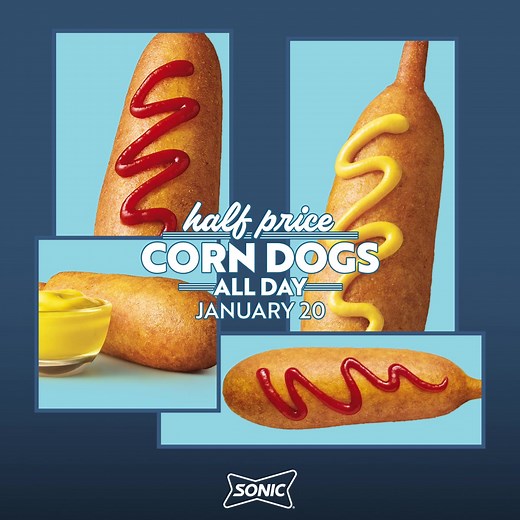 137 reactions · 127 shares | It’s gonna be a golden day: our Corn Dogs are Half Price ALL DAY this Thursday! 朗 Satisfy your cravings at SONIC, ONLY on Thursday, January 20th!  Each Corn Dog is half price. Valid only on January 20, 2022 at participating SONIC® Drive-In locations while supplies last. Not valid with delivery or in conjunction with Combos or any other rewards. | Sonic Drive-In | Facebook