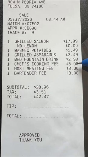 Since when are we paying itemized labor costs at a restaurant? A cooking fee, a seating fee, AND a bartender fee… on top of expected tips? Make it make sense.