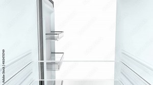 Opening and closing the door of an empty fridge, view from the inside