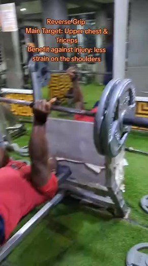 The reverse grip bench press primarily targets the upper chest and triceps, with increased activation in the front deltoids and forearms. This variation is particularly effective for building the upper pectoral muscles and can place less strain on the shoulders than a traditional bench press #reversegrip #benchpress #tricepsworkout #fitnessgoal