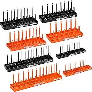 8PCS Socket Organizer Tray Set, Orange & Black Socket Holders, Store 176 Standard & Deep Sockets, SAE and Metric, 1/4", 3/8", and 1/2" Drive Socket Organizers for Toolboxes