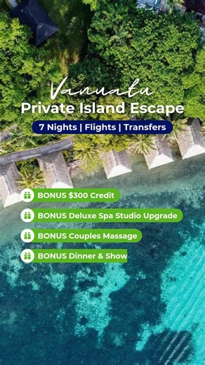🌴 Escape to Iririki Island Resort & Spa in Vanuatu—where luxury meets unforgettable island adventure. From just $1,689pp*, enjoy 7 Nights in a Deluxe Spa Ocean View Studio, including return flights, daily buffet breakfast, a fire show dinner, a spa treatment for two, and more! 📢 Book now and make your island dream a reality. | TravelOnline.com