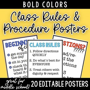 Classroom Rules Posters Editable Procedures Signs for Middle High School Classroom Decor Back to School Management Colorful Theme Printable - Etsy