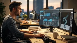 Dedicated developer coding data analysis working on dual monitors in a modern office environment