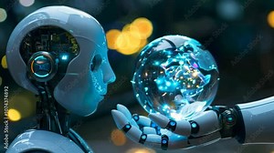 Two robots engage in an enlightening exchange, with one curiously reading information from a transparent Earth model held by its companion, showcasing advanced technology and collaboration. Stock Video