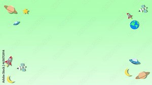 Space background with children's theme with a picture of planets, satellites, stars, moon, earth, ufo, with an empty space in the middle to write an animated title background