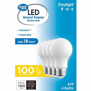 Great Value A19 LED 13W (100W Equivalent) Daylight E26 Medium Base General Purpose Light Bulbs, Dimmable, 4 Pack