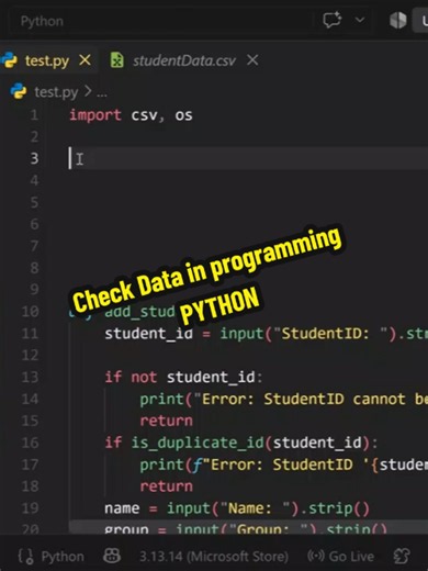 Check Data in file.csv if duplicate in python programming #python #pythonkhmer #programmingkhmer #studycode #techkhmer #codingtok #vscode #khomrean #fyp