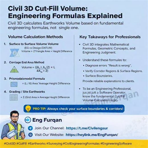 Civil Engineer Surveyor on Instagram: "Civil 3D Cut–Fill Volume | Engineering Formulas Explained Civil 3D earthwork volumes are not calculated by a single formula. They are based on fundamental engineering principles, geometry, and mathematical logic. Understanding these methods helps surveyors and civil engineers verify results, detect errors, and confidently explain calculations to clients. 🔹 Covered Methods • Surface to Surface Volume (Existing vs Design/DATUM) • Corridor End Area Method • P