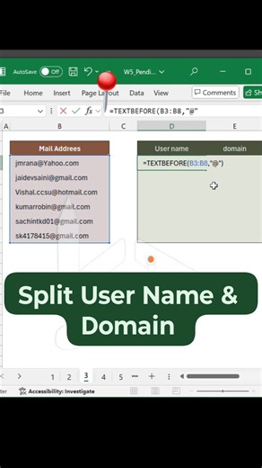 Seprate user name and domain from Mail id in Excel #excelreels #ExcelForEveryone #exceltipsandtricks #excelshortcutkeys #shortsvideos #excelshortcuts #timestamp #ExcelTips #split #textsplit | Karan Dadya