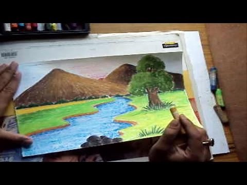 How to Draw a Landscape with Mountains & River in Pastel Color