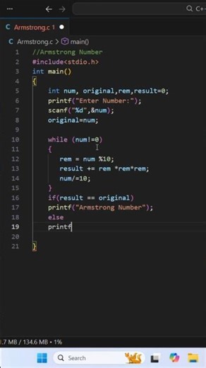 Armstrong Number in C language| Beginners|#coding #code #programming #shortsfeed #beginners#shorts