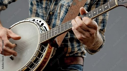 Banjo Player Close-up: A musician's hands deftly strumming the strings of a banjo, showcasing the intricate details and skilled technique of bluegrass music. Stock Video