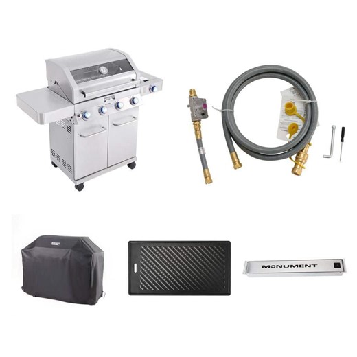 Monument Grills 4-Burner Stainless Grill with LED Controls, Cover (54 in.), Conversion Kit, Smoke Box and Cast Iron Plate - The Home Depot