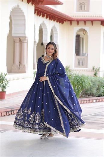 Embroidered Vichitra Silk Anarkali Gown With Dupatta | Indian Zari Ethnic Wear - Etsy