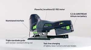 The CARVEX PSC 420 and PSBC 420 cordless pendulum jigsaws. Even the tightest of curves can be cut as easily as straight lines. The brushless EC-TEC motor guarantees powerful and rapid sawing at 3800 strokes per minute. https://www.festool.co.uk/@576526 | Festool