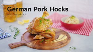 Craving the crispy crackle of perfectly cooked pork knuckles? Served with sauerkraut, this delicious recipe will bring Oktoberfest to your table! INGREDIENTS Pork Hocks 2 Bay Leaves 2 Carrots 2 Stalks Celery 2 Fresh Meaty Pork Hocks (Washed) 2 Sprigs Thyme 2 White Onions 4 Juniper Berries 1 Tablespoon Black Peppercorn 2 Tablespoons Salt Sauerkraut 1 Sprig Thyme 3 Strips Streaky Bacon 10g Garlic 20g Shallots 250g Sauerkraut (Drained) 2 Tablespoons Butter A Pinch Caraway To Taste Salt To Taste Whi