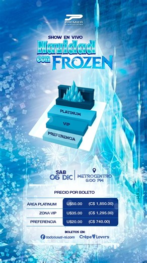 1.6K views · 12 reactions | ✨ ¡Pendientes a nuestra programación, porque estaremos regalando boletos! La magia de la Navidad llegó con Frozen ❄️ Viví un show lleno de música, luces y personajes encantadores.  6 de diciembre | ⏰ 6:00 p.m. |  Metrocentro (3er nivel) ️ Entradas desde $20 en todoticket-ni.com y Crepe Lovers. ¡Una experiencia para cantar, soñar y disfrutar en familia! ⛄✨ | Suprema 106.3 Fm | Facebook