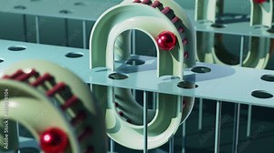 Loop animation of red balls moving on futuristic factory machinery, 3d render animation of gold sphere on rotating wheel. Repeated beat computer generated seamless motion design of simple geometric