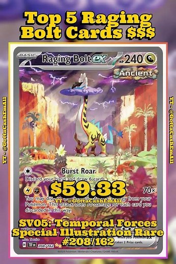 Top 5 Rarest Raging Bolt Pokémon Cards⚡🔥 (Most Valuable & Hardest to Pull!) #pokemon #top5 #tcg