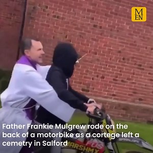 This is the moment a priest shook holy water while riding pillion on the back of a motorbike driven by a masked youth at a funeral in Salford | Manchester Evening News