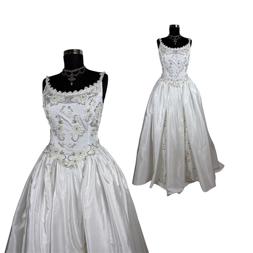 Vintage 90s White Taffeta Wedding Dress Beaded Corset Bodice Full Skirt Bridal Gown Romantic Fairycore - Etsy