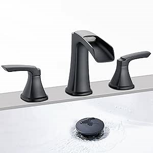 Matte Black Waterfall Bathroom Faucet, Sanliv 3-Piece Widespread Bathroom Sink Faucets, 2-Handle Vanity Faucet for 3-Hole Sinks 4-8 Inch with Pop-Up Drain, ‎Matte Black
