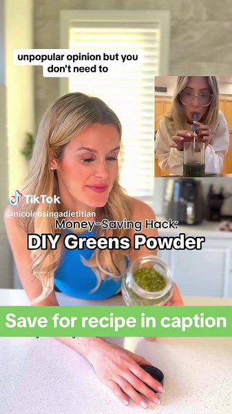 DIY Greens Powder 🥬💸 📌Save for the recipe below OR 👍Like post & comment ‘Greens’ Greens powders are all the rage right now and being touted as a cure for bloating, etc. It seems like Influencer marketing is a reason for the hype around these products - but they’re so $$! Are they worth it? Greens aren’t harmful but I do believe they are over-hyped. They are basically a multivitamin in my eyes. I do not believe that they should be a replacement for whole or minimally processed fruits and veg 