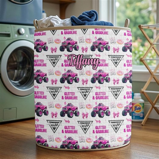 Personalized Pink Monster Truck Laundry Basket, Custom Name Kids Hamper, Cute Truck Theme Storage Bin, Girls Room Decor Gift