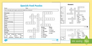 Spanish Food Fill In and Crossword Worksheet