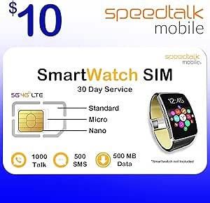 SpeedTalk Mobile Smart Watch SIM Card 5G 4G LTE GSM Smartwatches and Wearables | 1000 Minutes Talk 500MB Data | 3 in 1 Simcard Standard Micro Nano | 30 Days Wireless Service ($10 SmartWatch SIM Kit)