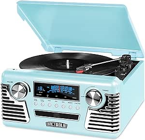 Victrola Haley Retro Bluetooth Record Player & Multimedia Center with Built-in Speakers - 3-Speed Turntable, CD Player, AM/FM Radio, 3.5mm Aux-In, Wireless Music Streaming, Teal