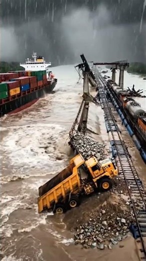 A massive, powerful water vortex is spinning directly below the broken bridge edge