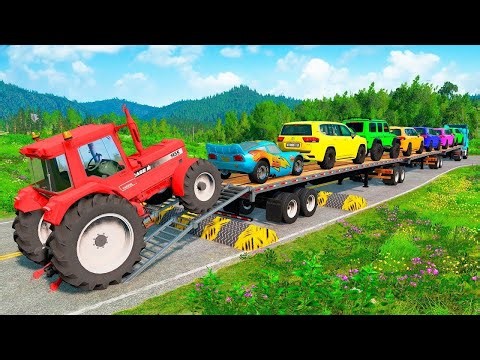TRANSPORTING PIXAR CARS & FRUITS WITH COLORED & JOHN DEERE vs CLAAS vs TRACTORS - BeamNG.drive #962