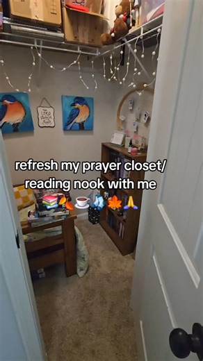 Brit's Cottage Library on Instagram: "Not super fancy but aiming for cozy After having guests come and go all summer, my prayer closet/reading nook got a little out of hand. I like to come in here to pray, reset, read, and even plan out my calendar. It is the storage closet in our homeschool room, so it doubles as a cozy spot for my boys to read and pray as well. I have bigger plans to totally renovate this in the future, but for now, what do you think? ✨️Do you have a prayer room, clos