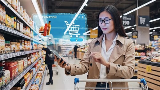 augmented reality aids shopping, woman uses smart glasses to scan and compare products, digital overlay technology enhances shopping experience through realtime information and navigation