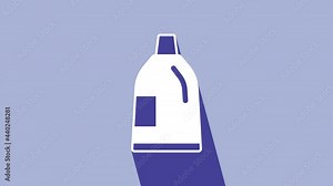 White Plastic bottle for laundry detergent, bleach, dishwashing liquid or another cleaning agent icon isolated on purple background. 4K Video motion graphic animation