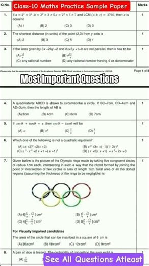 Class-10th Math's Practice Sample Paper || All Important Questions Set 🇮🇳 Boards 2026 #boards