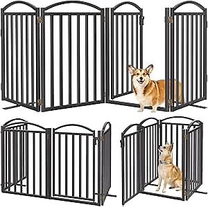 Malier Metal Freestanding Dog Gates with Door, 32'' Height Outdoor Indoor Dog Fences, Extra Wide Foldable Puppy Gate for Stairs (Black, 【4 Panels with Door】 80''W × 32''H)