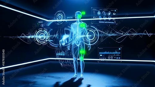 full body skeletal scan with joint highlights, mobility traces and biomechanical overlays inside dark lab, clinical monitoring with green status indicators and motion analysis