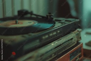 Vintage vinyl record player in moody green light. Retro music scene. Nostalgic audio concept. Atmospheric photography