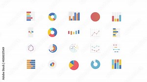 Animated statistical graphs. Data organization plots animation library. Bar charts, pie diagrams. Colorful illustrations on white background. HD video with alpha channel. Motion graphic